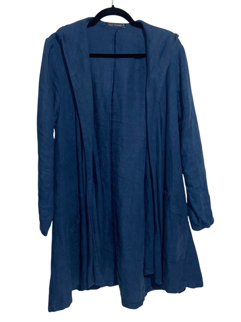 Cut Loose Jacket Womens Medium 100% Linen Lagenlook USA Longline Hood Coastal